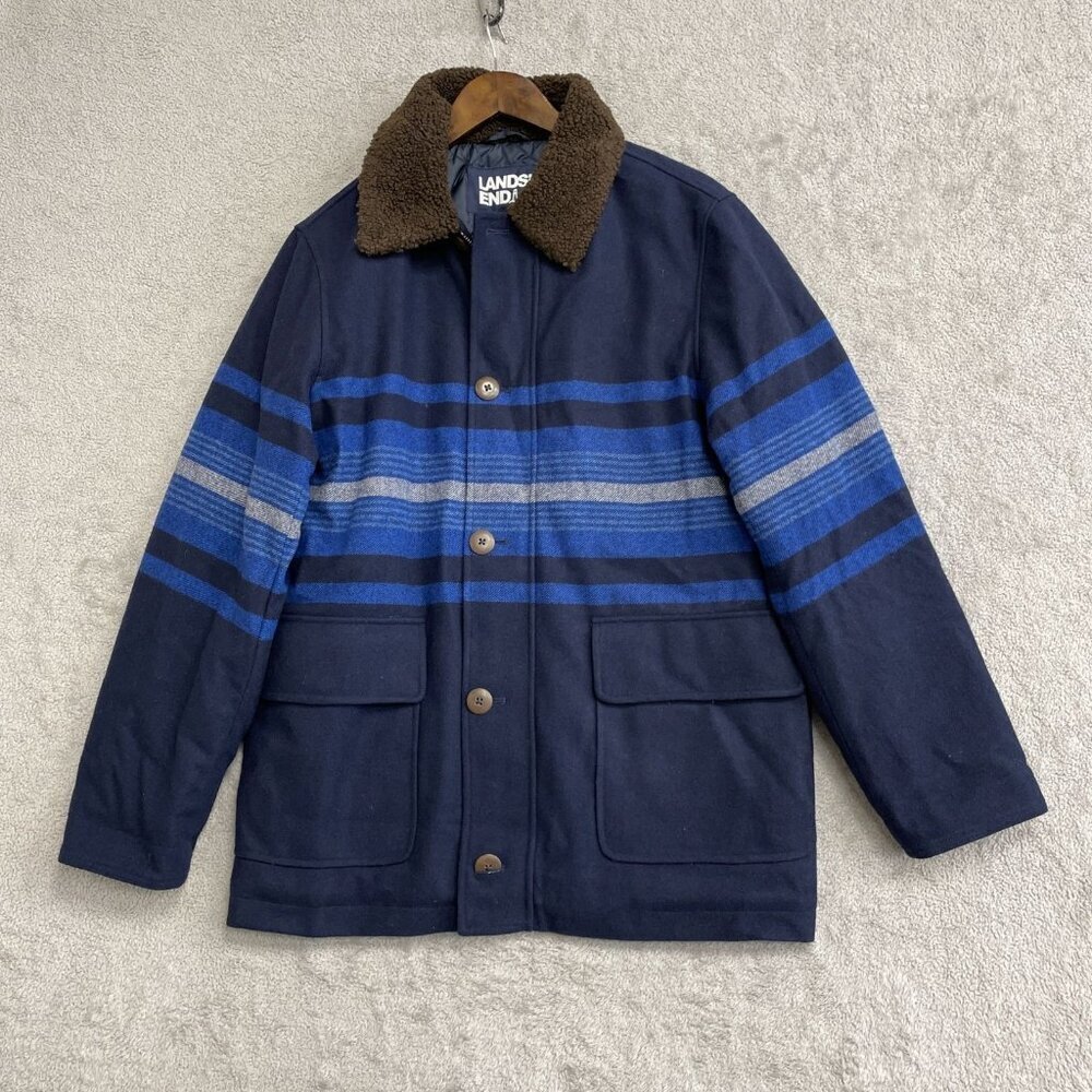 NEW Lands' End Men's M Wool Barn Coat Navy Striped Quilted Lined